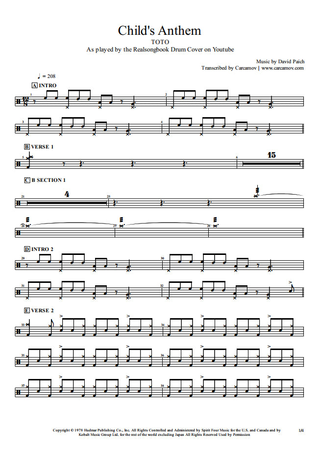 Child's Anthem - Toto - Full Drum Transcription / Drum Sheet Music - Realsongbook