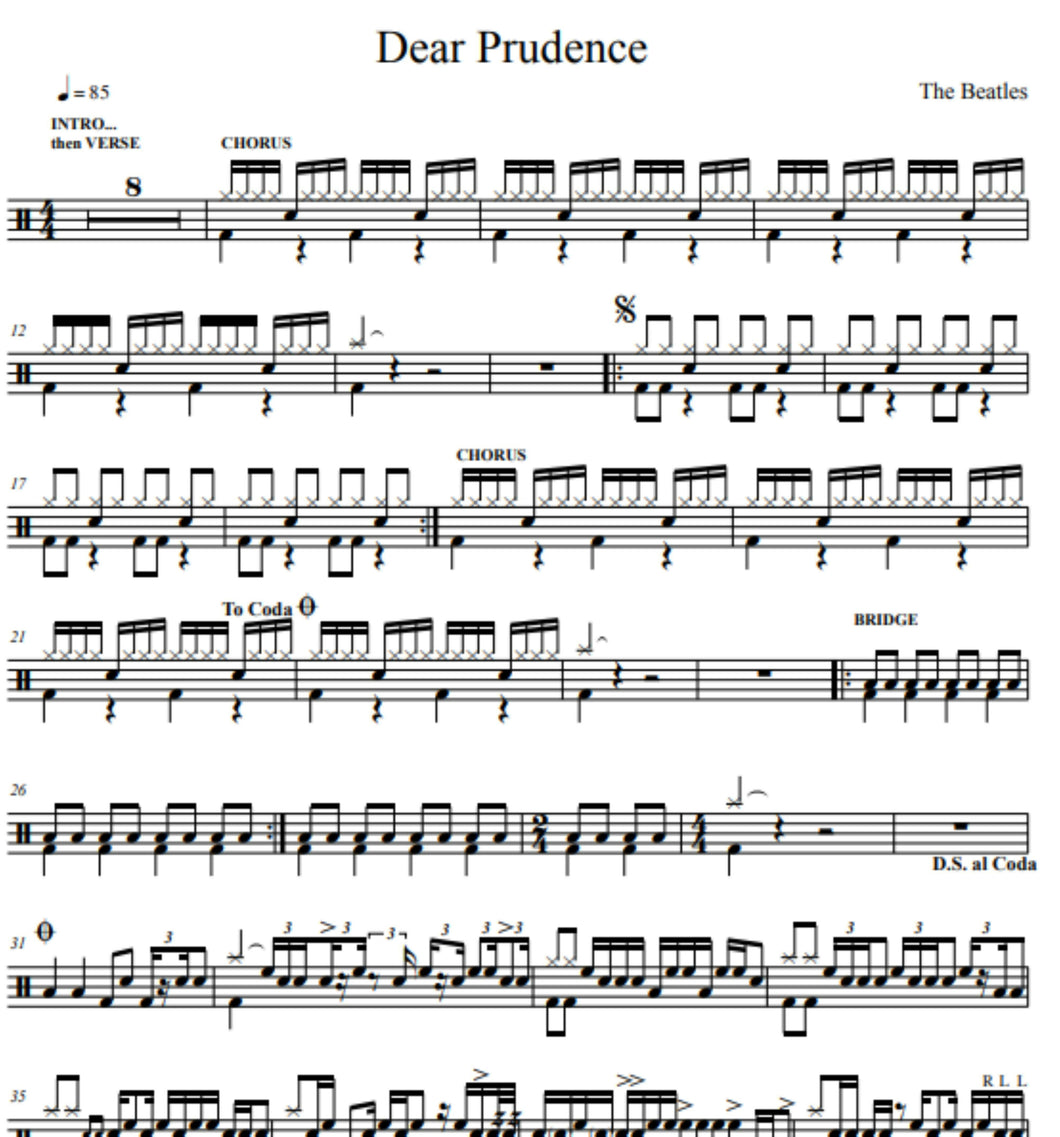 Dear Prudence - The Beatles - Full Drum Transcription / Drum Sheet Music - Sohn Compositions
