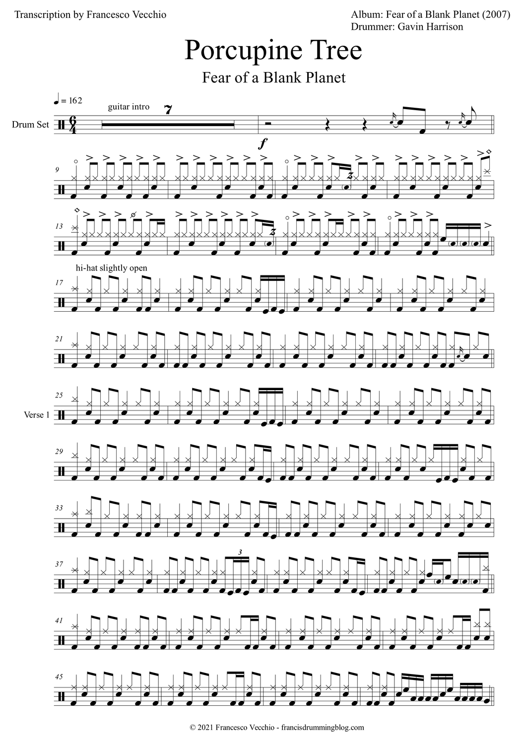 Fear of a Blank Planet - Porcupine Tree - Full Drum Transcription / Drum Sheet Music - FrancisDrummingBlog.com