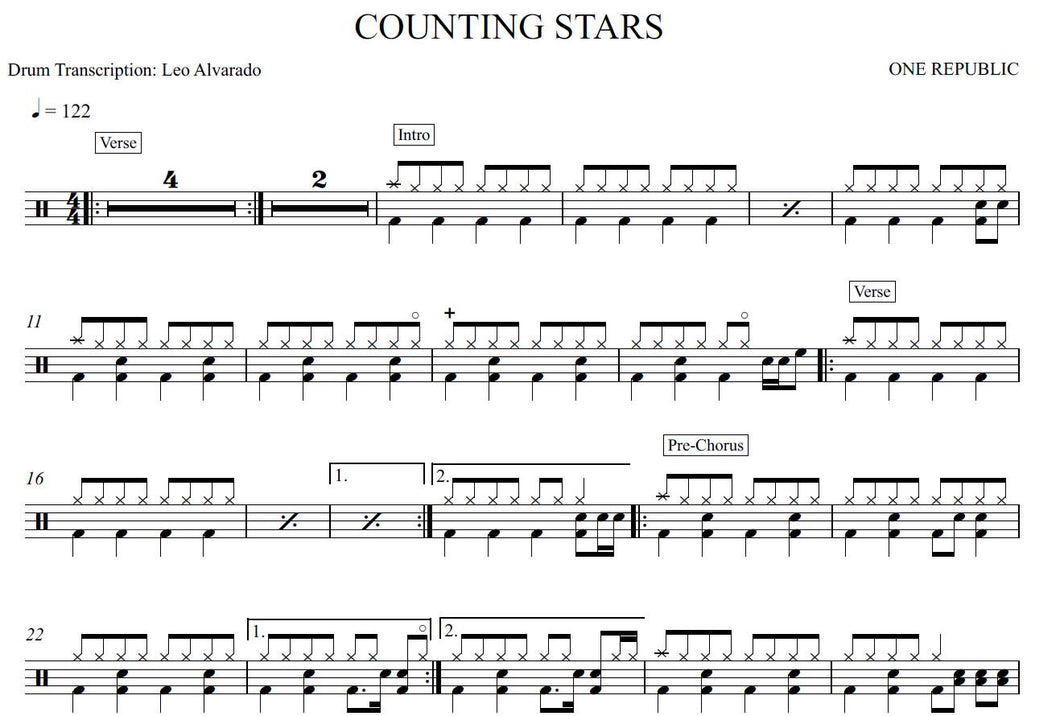 Counting Stars - OneRepublic - Full Drum Transcription / Drum Sheet Music - Leo Alvarado