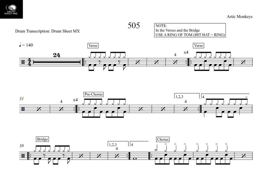 505 - Arctic Monkeys - Full Drum Transcription / Drum Sheet Music - Drum Sheet MX