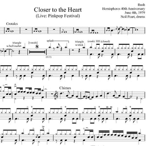 Closer to the Heart (Live at Pinkpop Festival, Netherlands 1979 from Hemispheres 40th Anniversary) - Rush - Full Drum Transcription / Drum Sheet Music - Drumm Transcriptions