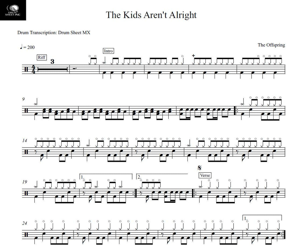 The Kids Aren't Alright - The Offspring - Full Drum Transcription / Drum Sheet Music - Drum Sheet MX