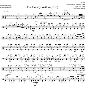 The Enemy Within (Part I of Fear) (Live in Toronto 1984 from Grace Under Pressure Tour) - Rush - Full Drum Transcription / Drum Sheet Music - Drumm Transcriptions