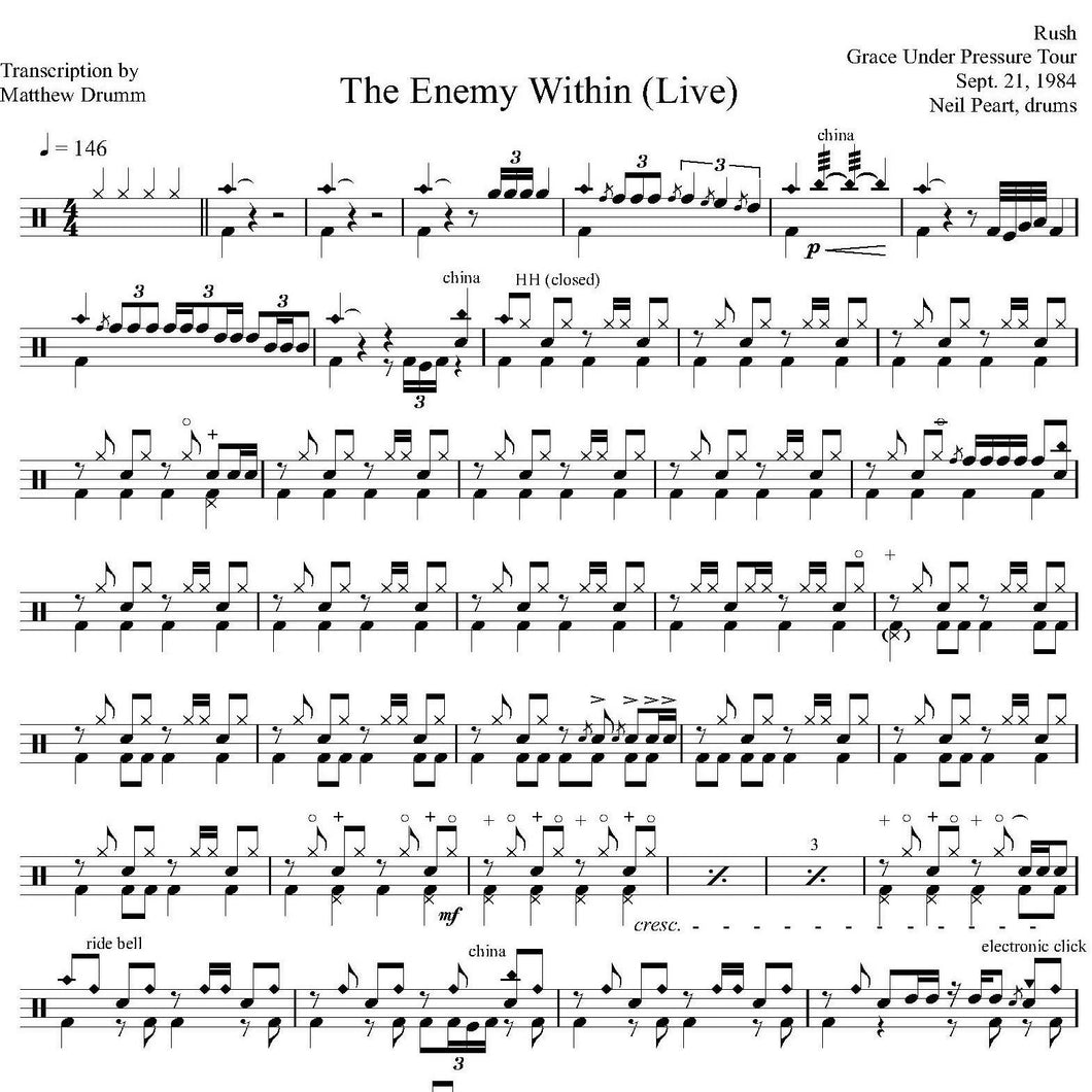 The Enemy Within (Part I of Fear) (Live in Toronto 1984 from Grace Under Pressure Tour) - Rush - Full Drum Transcription / Drum Sheet Music - Drumm Transcriptions
