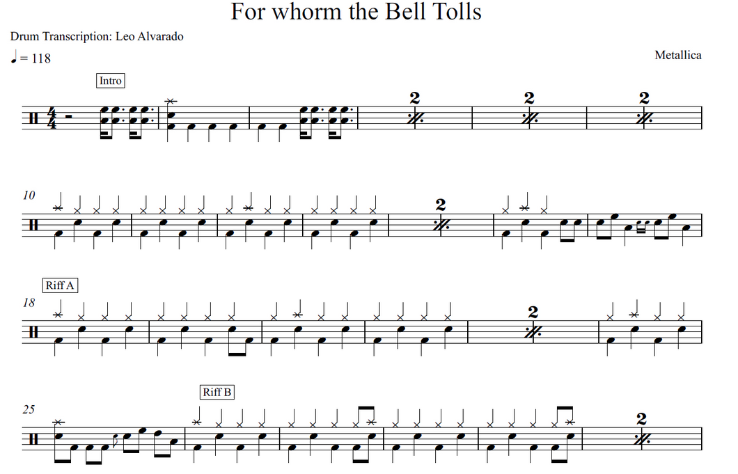 For Whom the Bell Tolls - Metallica - Full Drum Transcription / Drum Sheet Music - Leo Alvarado