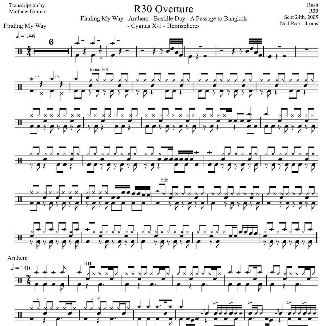 R30 Overture (Live in Frankfurt 2004 from R30 Live Video) (Finding My Way, Anthem, Bastille Day, Bangkok, Cygnus X1, Hemispheres) - Rush - Collection of Drum Transcriptions / Drum Sheet Music - Drumm Transcriptions