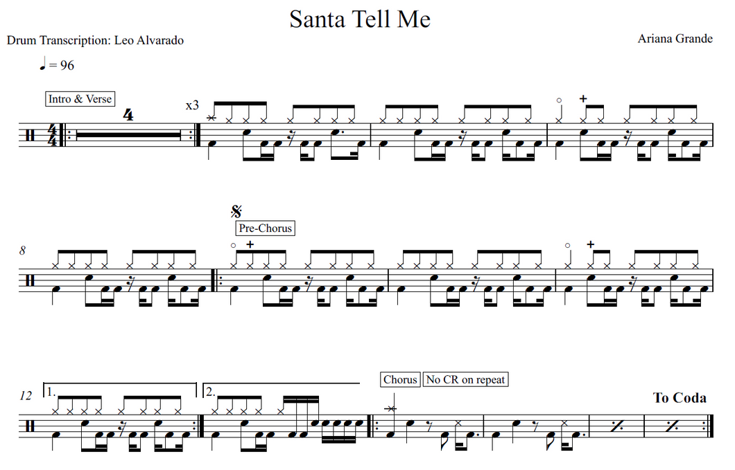 Santa Tell Me - Ariana Grande - Full Drum Transcription / Drum Sheet Music - Leo Alvarado