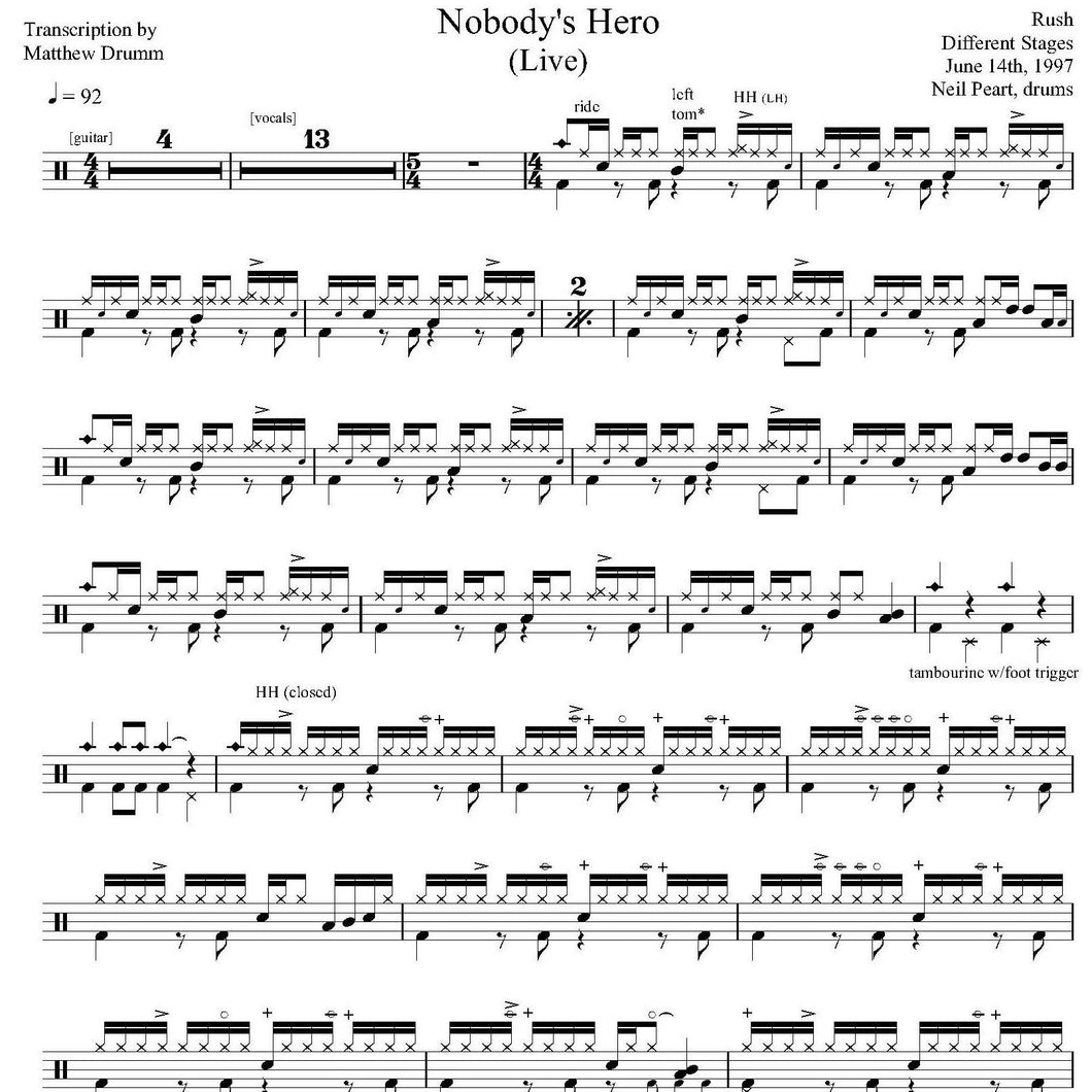 Nobody's Hero (Live in Illinois 1997 on Test for Echo Tour from Different Stages) - Rush - Full Drum Transcription / Drum Sheet Music - Drumm Transcriptions