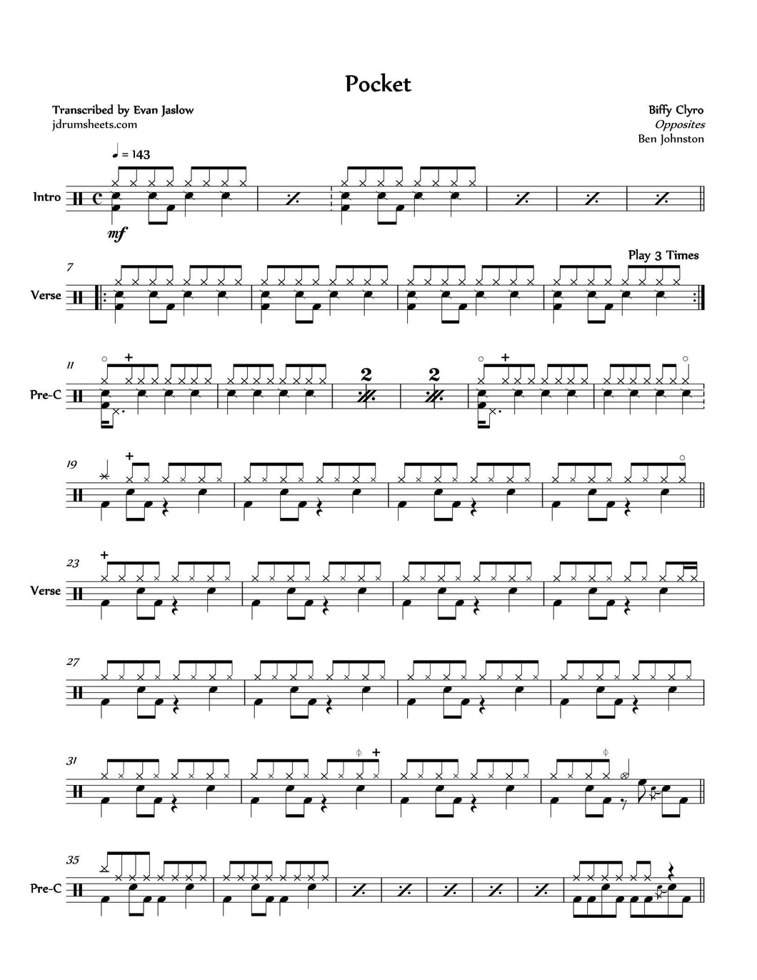 Pocket - Biffy Clyro - Full Drum Transcription / Drum Sheet Music - Jaslow Drum Sheets