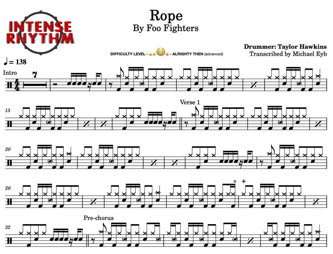 Rope - Foo Fighters - Full Drum Transcription / Drum Sheet Music - Intense Rhythm Drum Studios