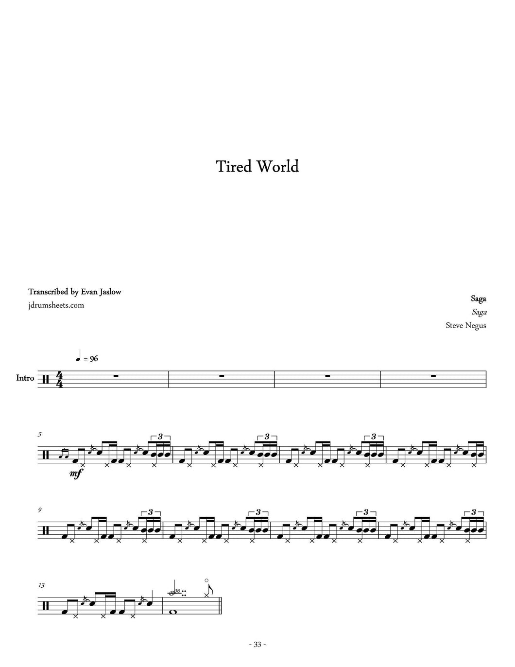 Tired World - Saga - Full Drum Transcription / Drum Sheet Music - Jaslow Drum Sheets