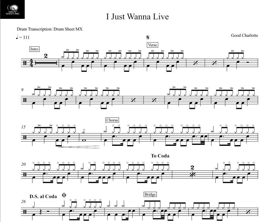 I Just Wanna Live - Good Charlotte - Full Drum Transcription / Drum Sheet Music - Drum Sheet MX