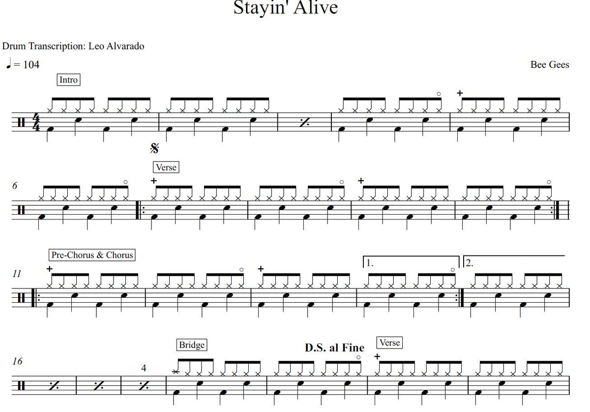 Stayin' Alive Bee Gees Drum Sheet Music Leo Alvarado