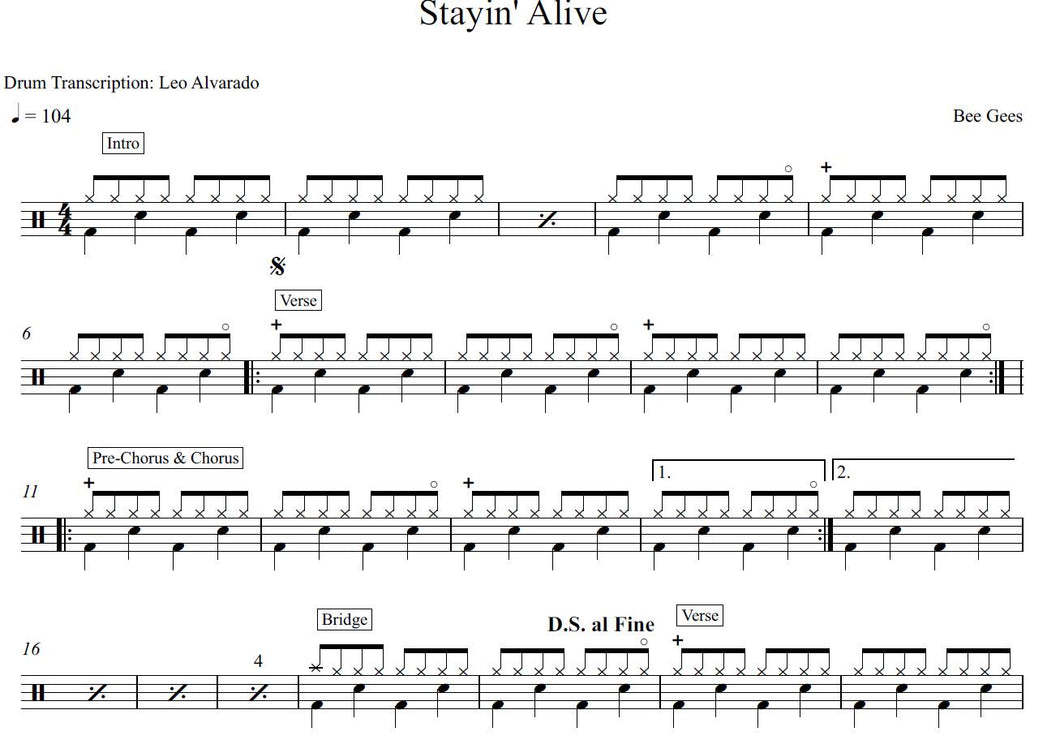 Stayin' Alive - Bee Gees - Full Drum Transcription / Drum Sheet Music - Leo Alvarado