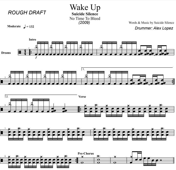 Wake Up - Suicide Silence - Rough Draft Drum Transcription / Drum Sheet Music - DrumSetSheetMusic.com