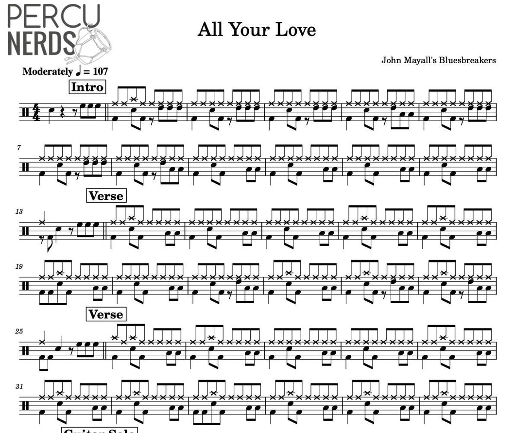 All Your Love - John Mayall and the Bluesbreakers - Full Drum Transcription / Drum Sheet Music - Percunerds Transcriptions