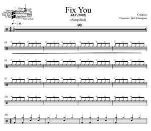 Fix You - Coldplay - Simplified Drum Transcription / Drum Sheet Music - DrumSetSheetMusic.com