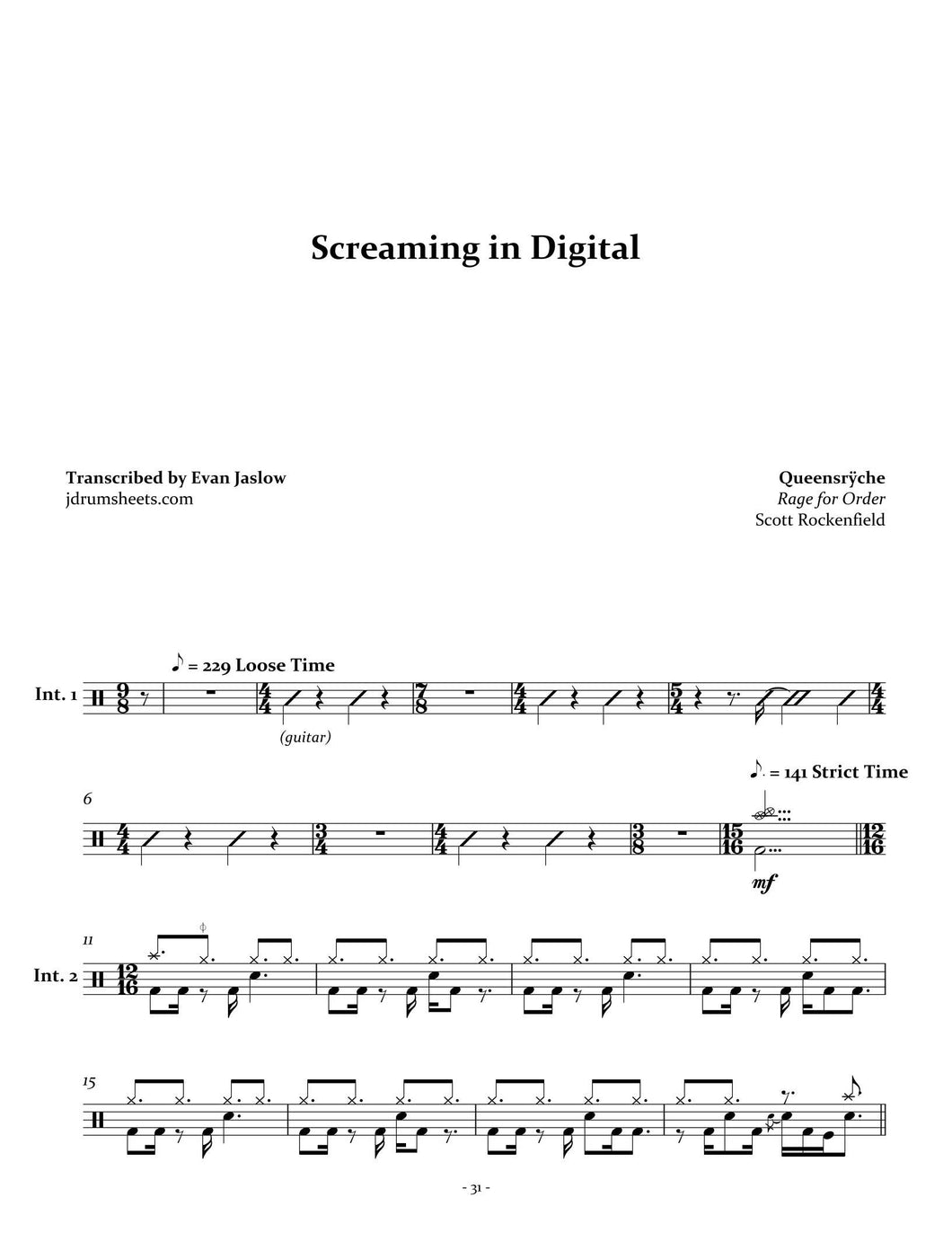 Screaming in Digital - Queensrÿche - Full Drum Transcription / Drum Sheet Music - Jaslow Drum Sheets