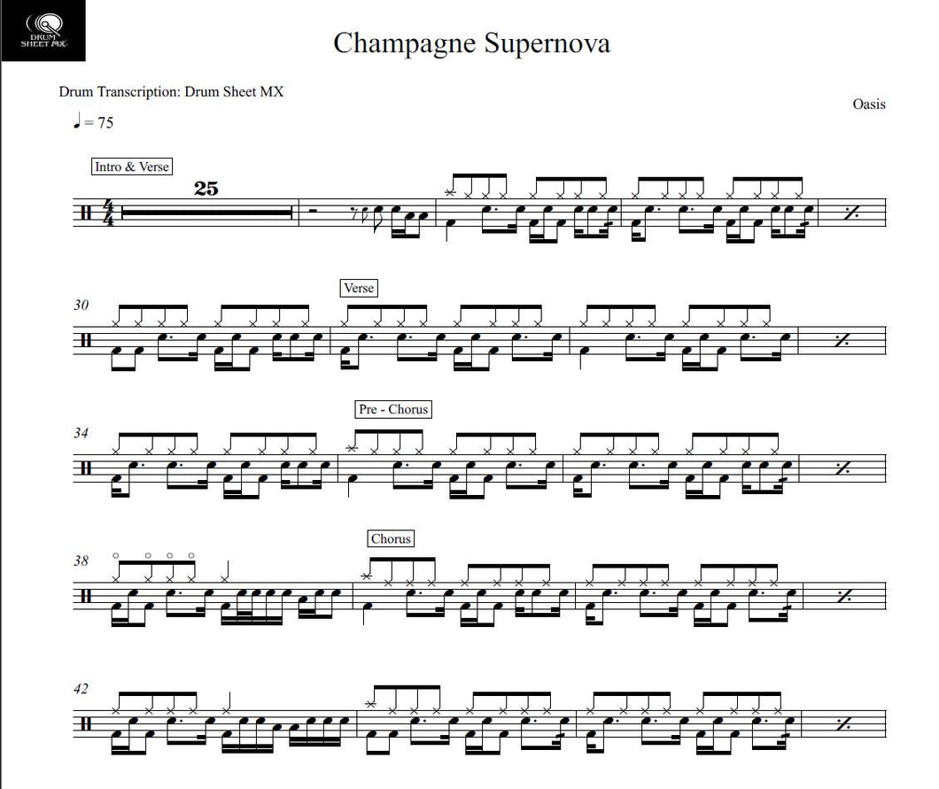 Champagne Supernova - Oasis - Full Drum Transcription / Drum Sheet Music - Drum Sheet MX
