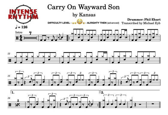 Carry on Wayward Son - Kansas - Full Drum Transcription / Drum Sheet Music - Intense Rhythm Drum Studios