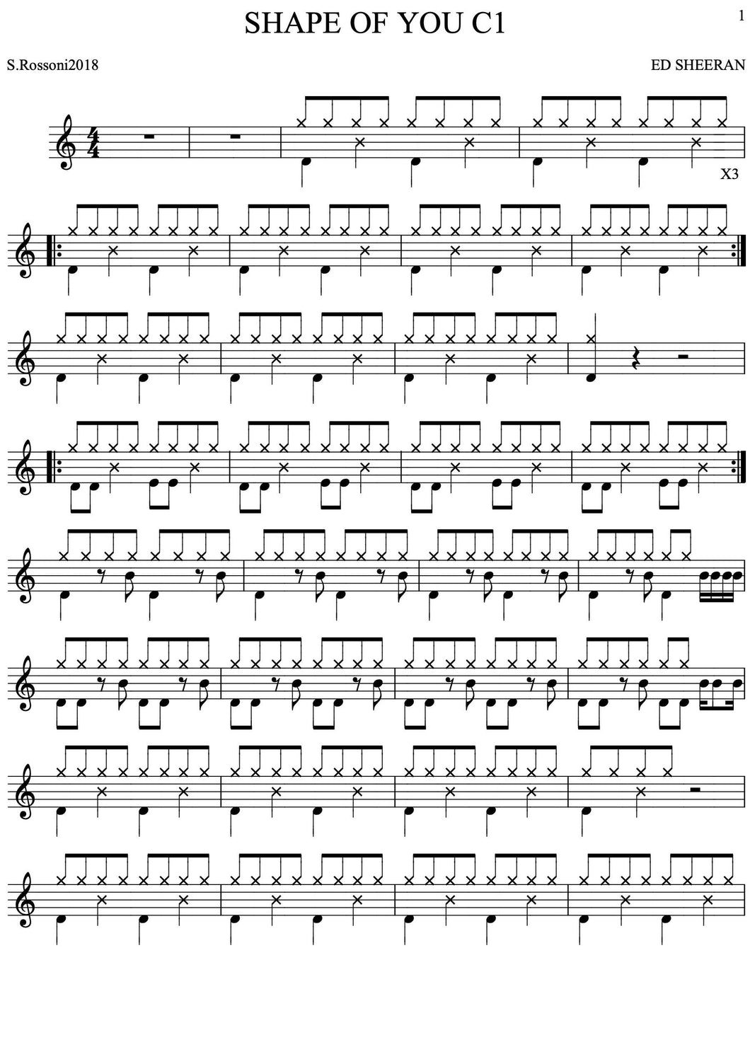 Shape of You - Ed Sheeran - Simplified Drum Transcription / Drum Sheet Music - Rossoni