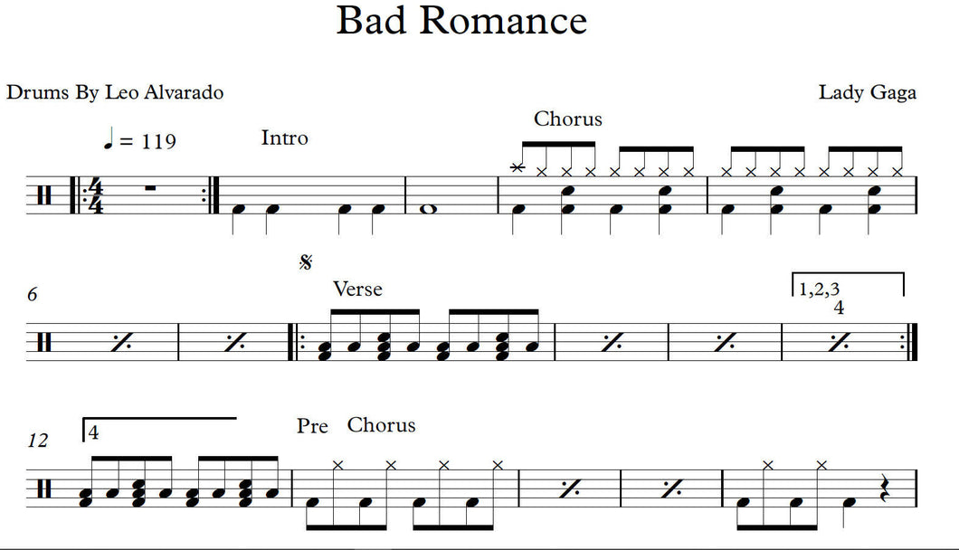 Bad Romance - Lady Gaga - Full Drum Transcription / Drum Sheet Music - Leo Alvarado