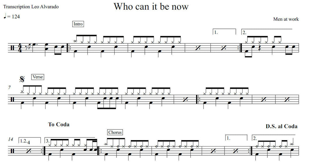Who Can it Be Now? - Men at Work - Full Drum Transcription / Drum Sheet Music - Leo Alvarado