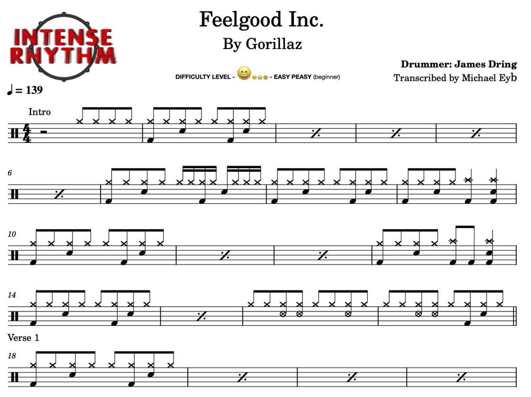 Feel Good Inc. - Gorillaz - Full Drum Transcription / Drum Sheet Music - Intense Rhythm Drum Studios
