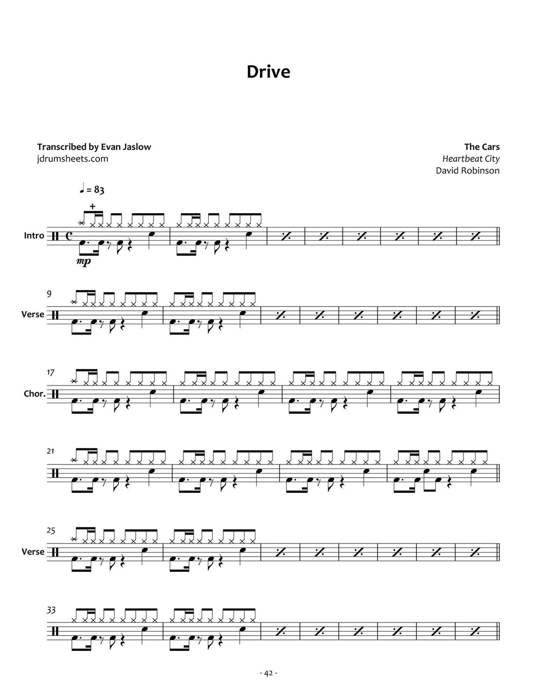 Drive - The Cars - Full Drum Transcription / Drum Sheet Music - Jaslow Drum Sheets