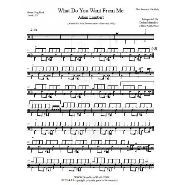 What Do You Want from Me - Adam Lambert - Full Drum Transcription / Drum Sheet Music - DrumScoreWorld.com