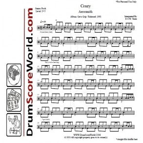 Crazy - Aerosmith - Full Drum Transcription / Drum Sheet Music - DrumScoreWorld.com