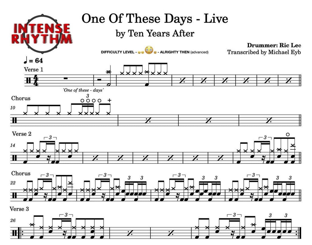 One of These Days (Live 2019) - Ten Years After - Full Drum Transcription / Drum Sheet Music - Intense Rhythm Drum Studios