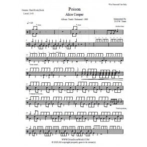 Poison - Alice Cooper - Full Drum Transcription / Drum Sheet Music - DrumScoreWorld.com