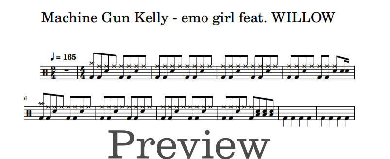 Emo Girl (feat. Willow) - Machine Gun Kelly - Full Drum Transcription / Drum Sheet Music - DrumonDrummer