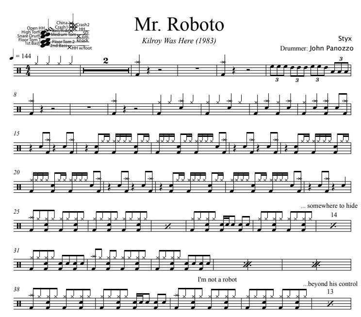 Mr. Roboto - Styx - Full Drum Transcription / Drum Sheet Music - DrumSetSheetMusic.com