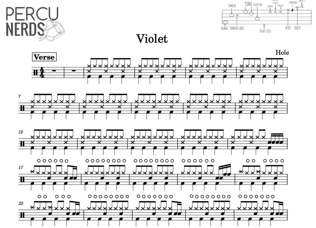 Violet - Hole - Full Drum Transcription / Drum Sheet Music - Percunerds Transcriptions