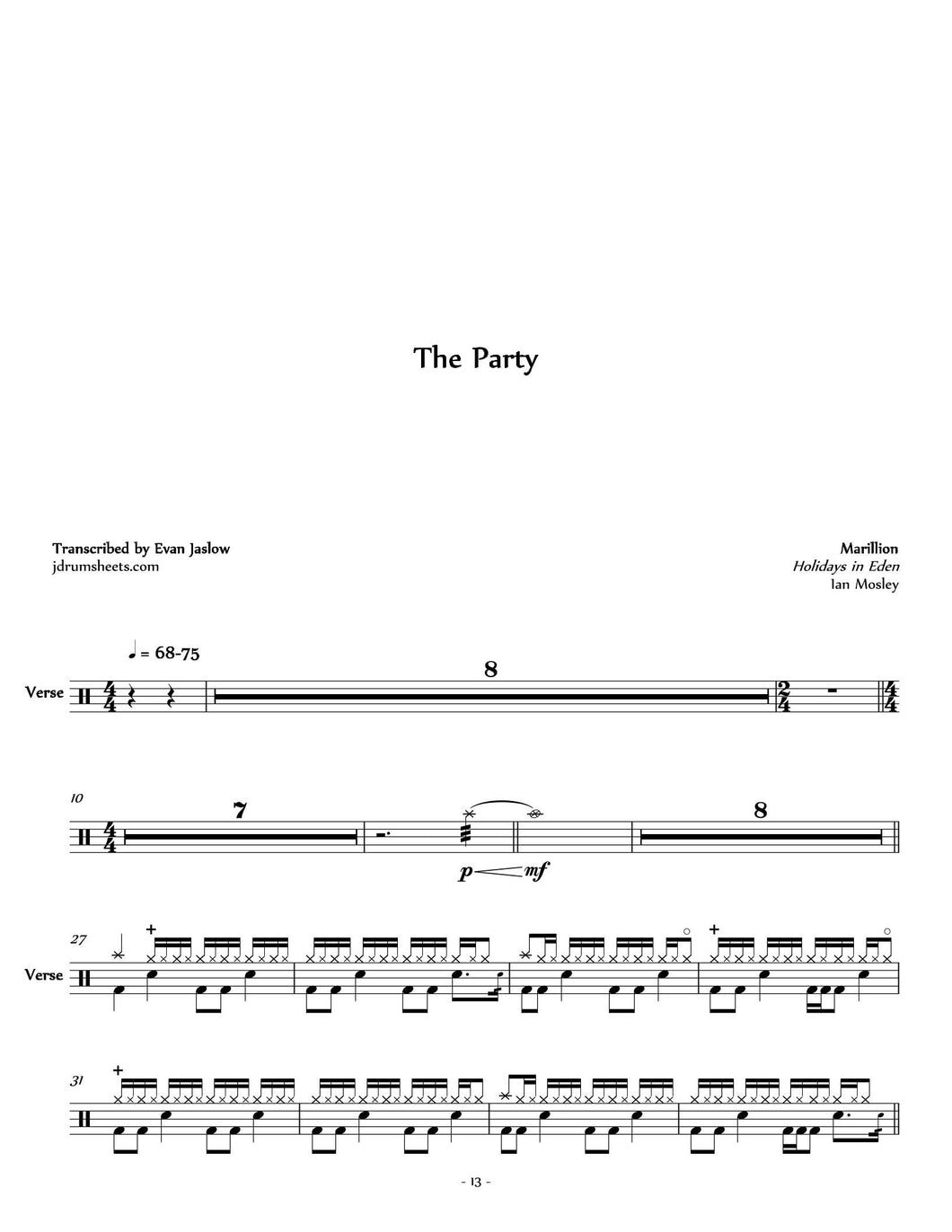 The Party - Marillion - Full Drum Transcription / Drum Sheet Music - Jaslow Drum Sheets