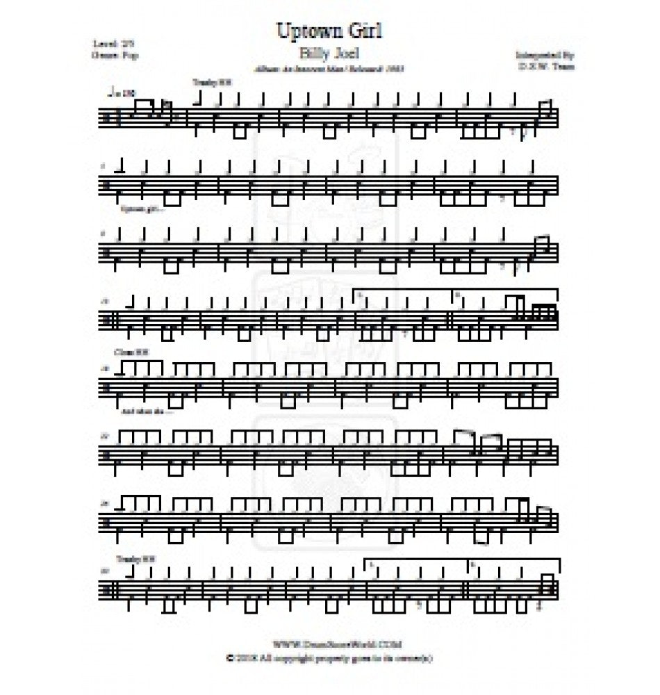Uptown Girl - Billy Joel - Full Drum Transcription / Drum Sheet Music - DrumScoreWorld.com