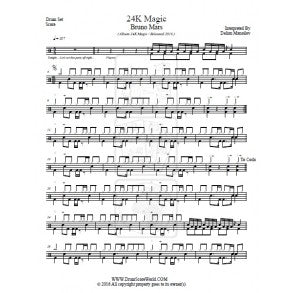24K Magic - Bruno Mars - Full Drum Transcription / Drum Sheet Music - DrumScoreWorld.com