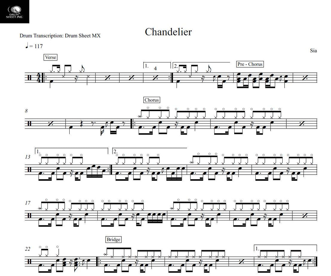 Chandelier - Sia - Full Drum Transcription / Drum Sheet Music - Drum Sheet MX