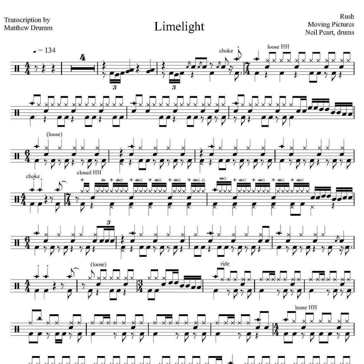 Limelight Rush Drum Sheet Music Drumm Transcriptions Drumsetsheetmusic 7591