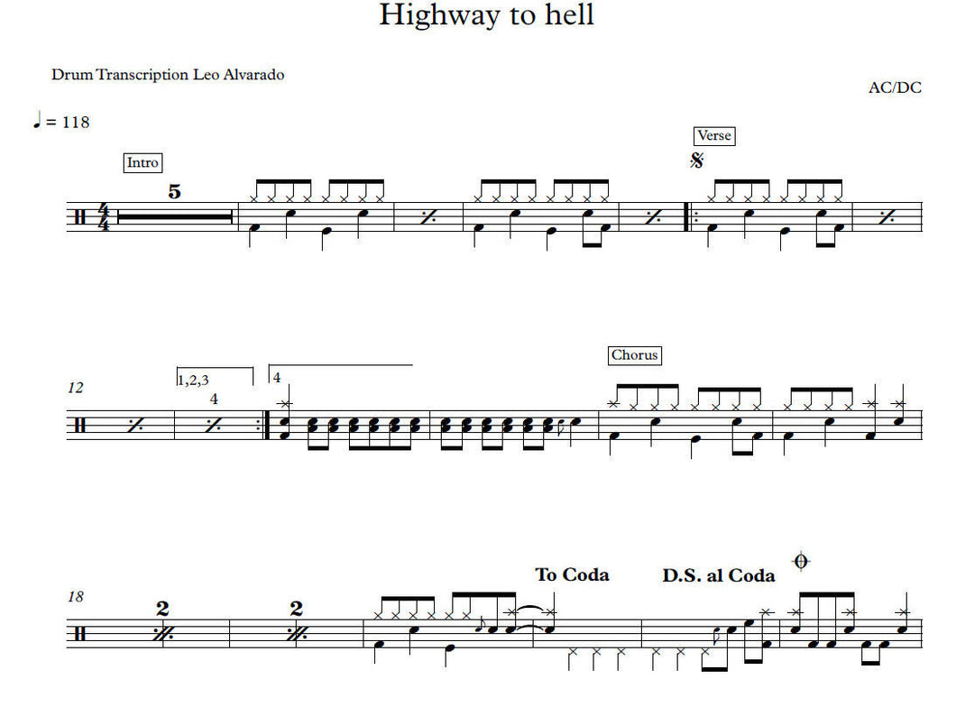 Highway To Hell Acdc Drum Sheet Music Leo Alvarado Drumsetsheetmusic 0351