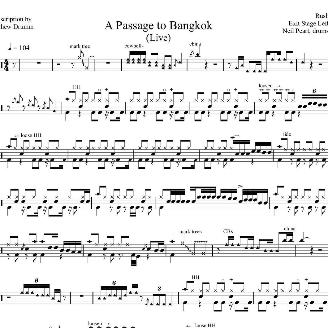 A Passage to Bangkok (Live in Glasgow 1980 on Permanent Waves Tour from Exit...Stage Left) - Rush - Collection of Drum Transcriptions / Drum Sheet Music - Drumm Transcriptions