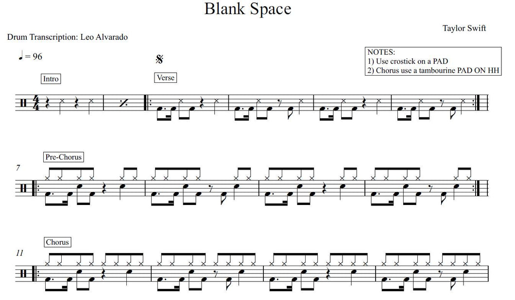 Blank Space - Taylor Swift - Drum SheetBlank Space - Taylor Swift - Drum Sheet  