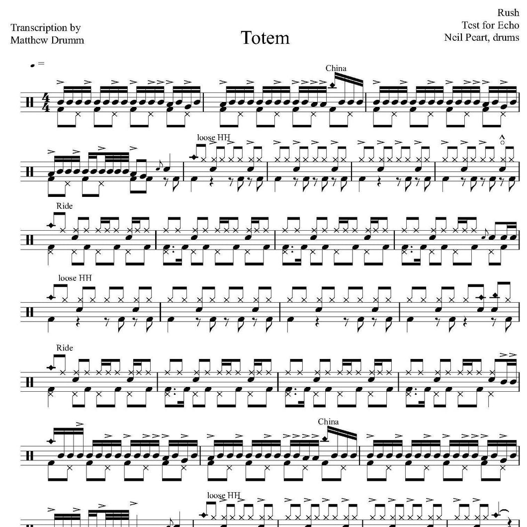 Totem - Rush - Collection of Drum Transcriptions / Drum Sheet Music - Drumm Transcriptions