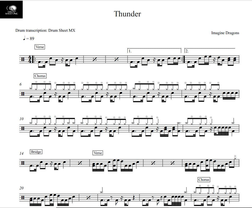 Thunder - Imagine Dragons - Full Drum Transcription / Drum Sheet Music - Drum Sheet MX