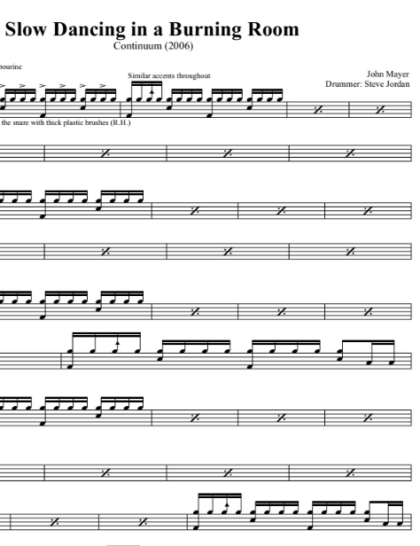 Slow Dancing in a Burning Room - John Mayer - Full Drum Transcription / Drum Sheet Music - DrumSetSheetMusic.com