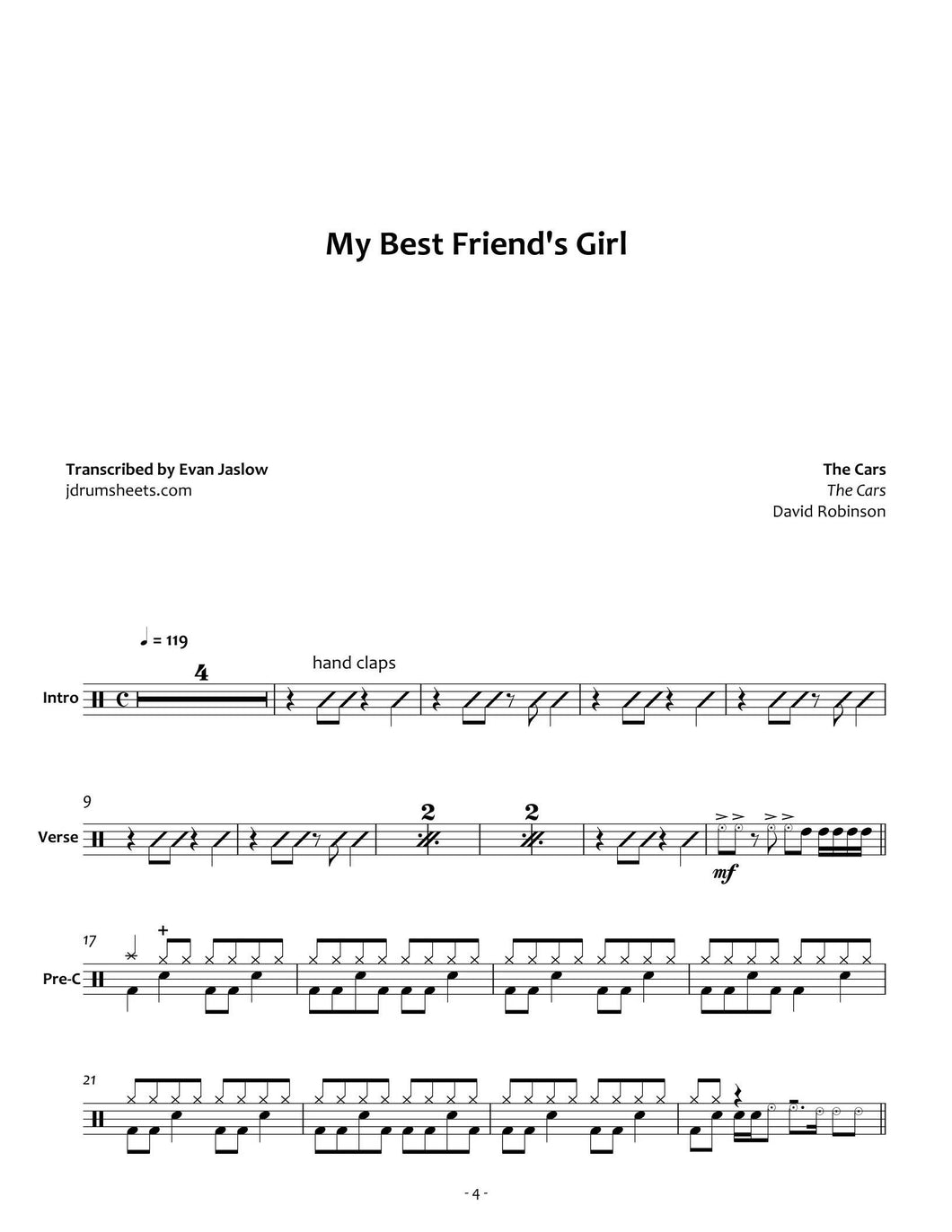 My Best Friend's Girl - The Cars - Full Drum Transcription / Drum Sheet Music - Jaslow Drum Sheets