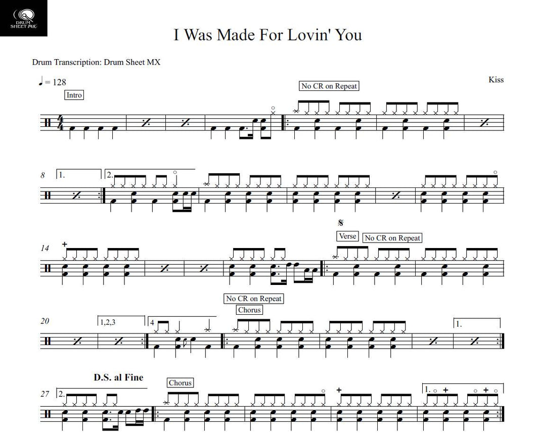 I Was Made for Lovin' You - Kiss - Full Drum Transcription / Drum Sheet Music - Drum Sheet MX